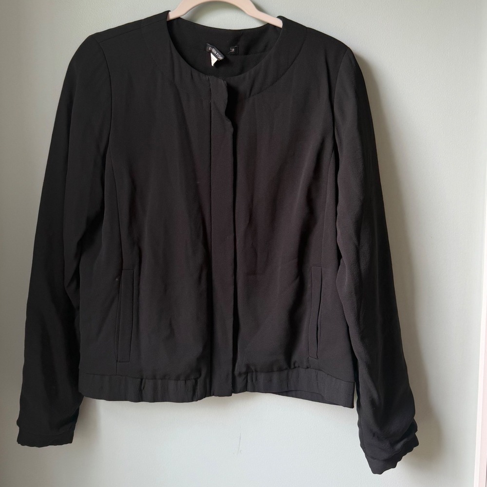 Eileen Fisher Black 100% Silk Zip Front Jacket S Small Collarless Minimalist